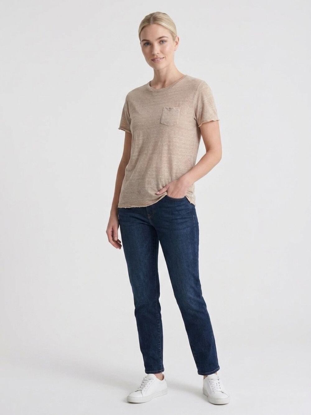 Banks Journal Women’s M Brown Organic Cotton Pocket T-Shirt Textured Crew Neck